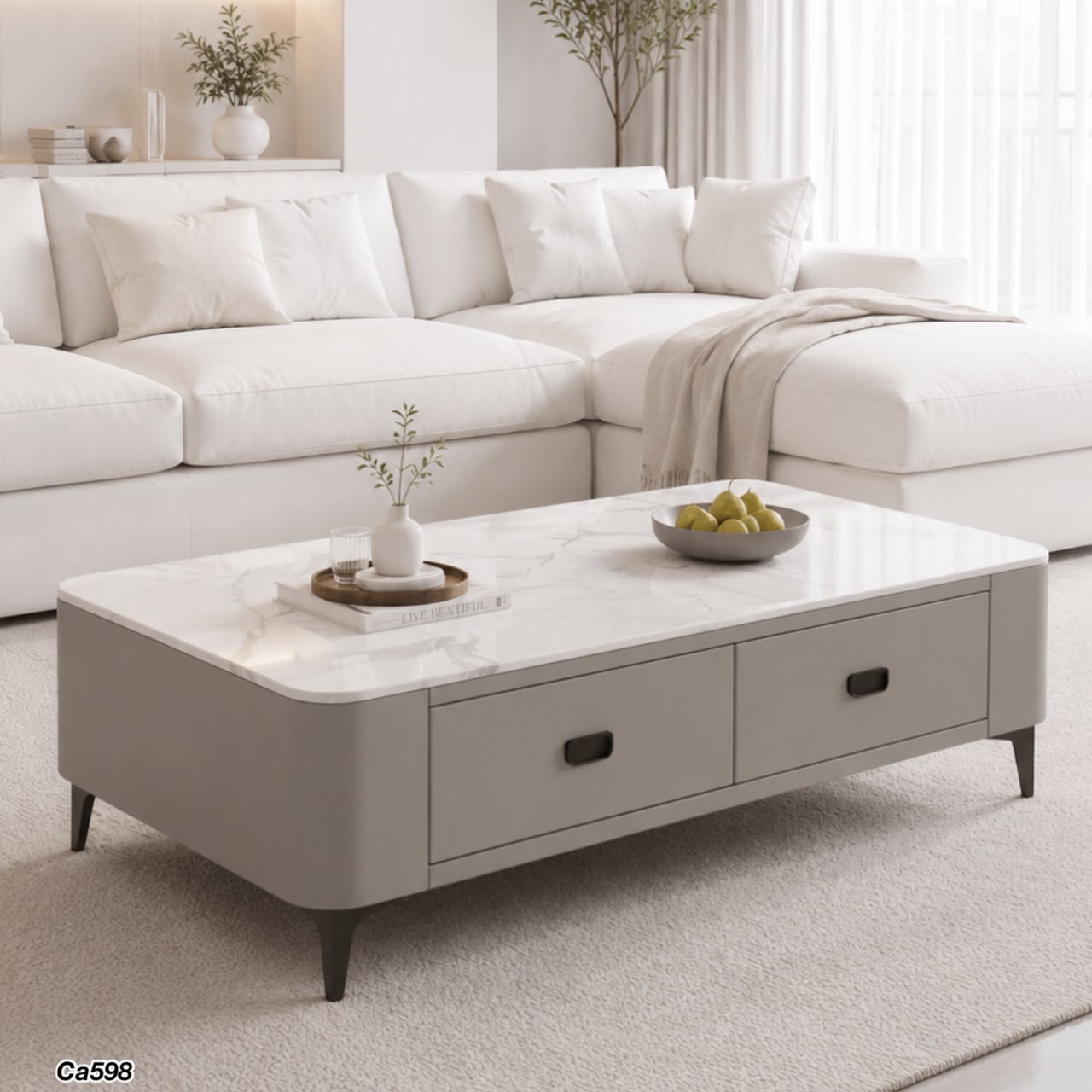Mesa de centro piedra blanco base gris 120cm* 60cm* 36cm